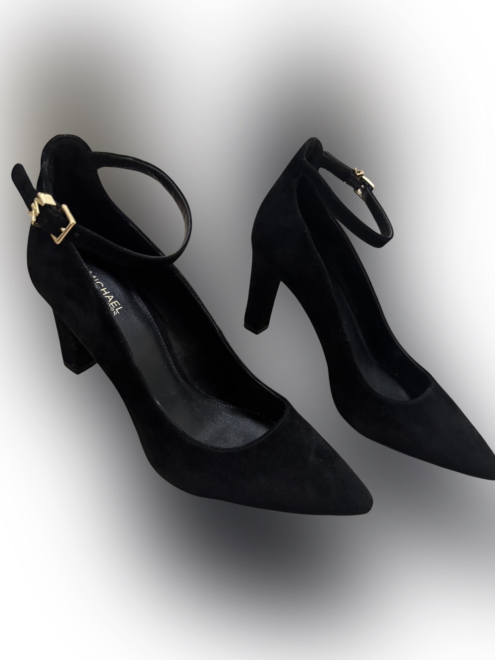Michael Kors Black Suede Ankle-Strap Pointed Pumps with Gold Buckles size 8.5